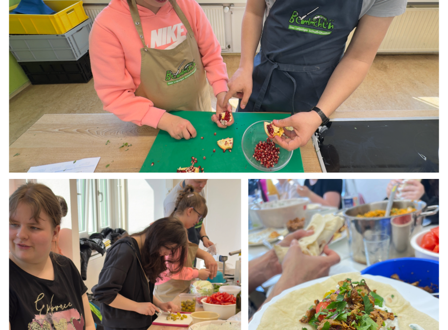 Personen beim Braten von Halloumi, entkernen von Granatäpfeln und ein fertig gefüllter Wrap-